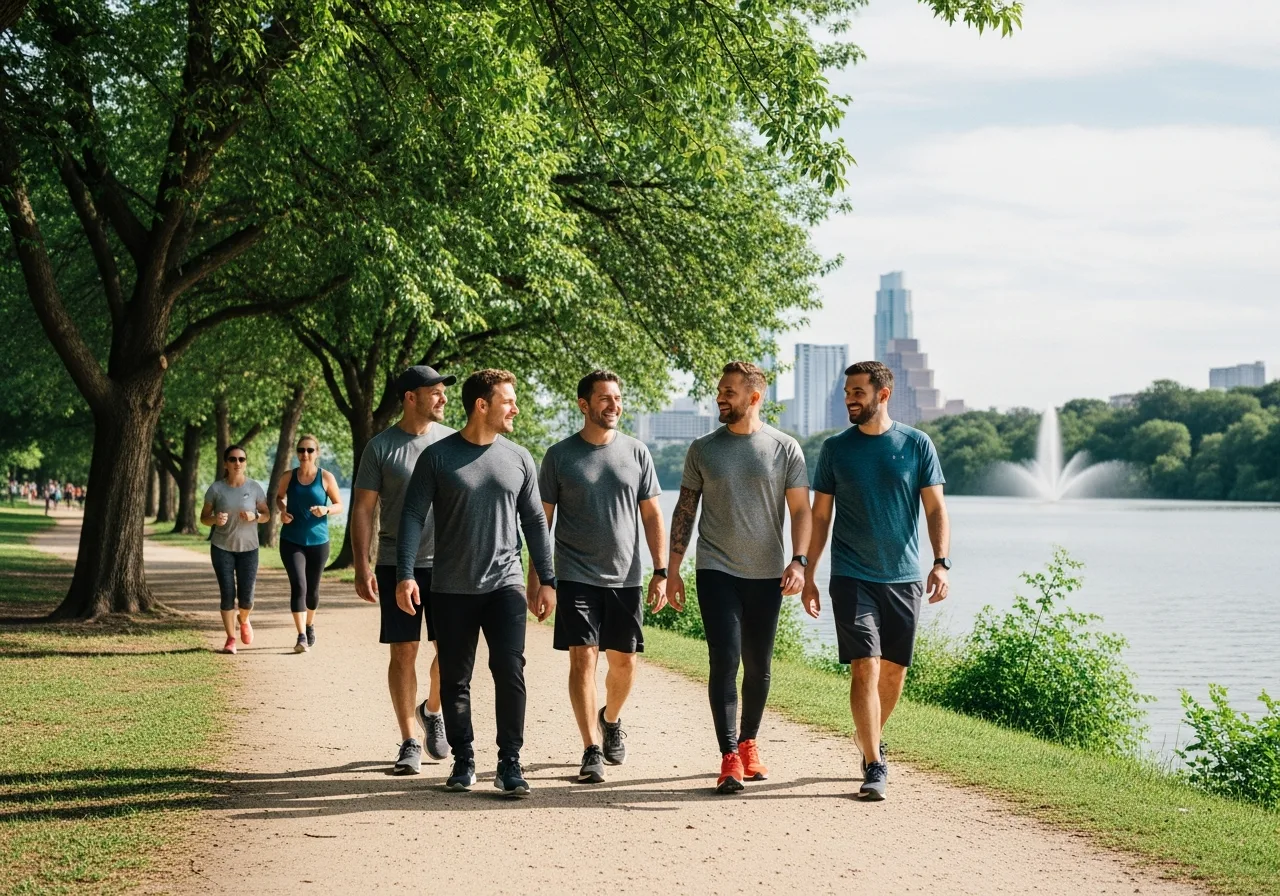 A group of Austin men walking together on the Lady Bird Lake trail as others walk nearby