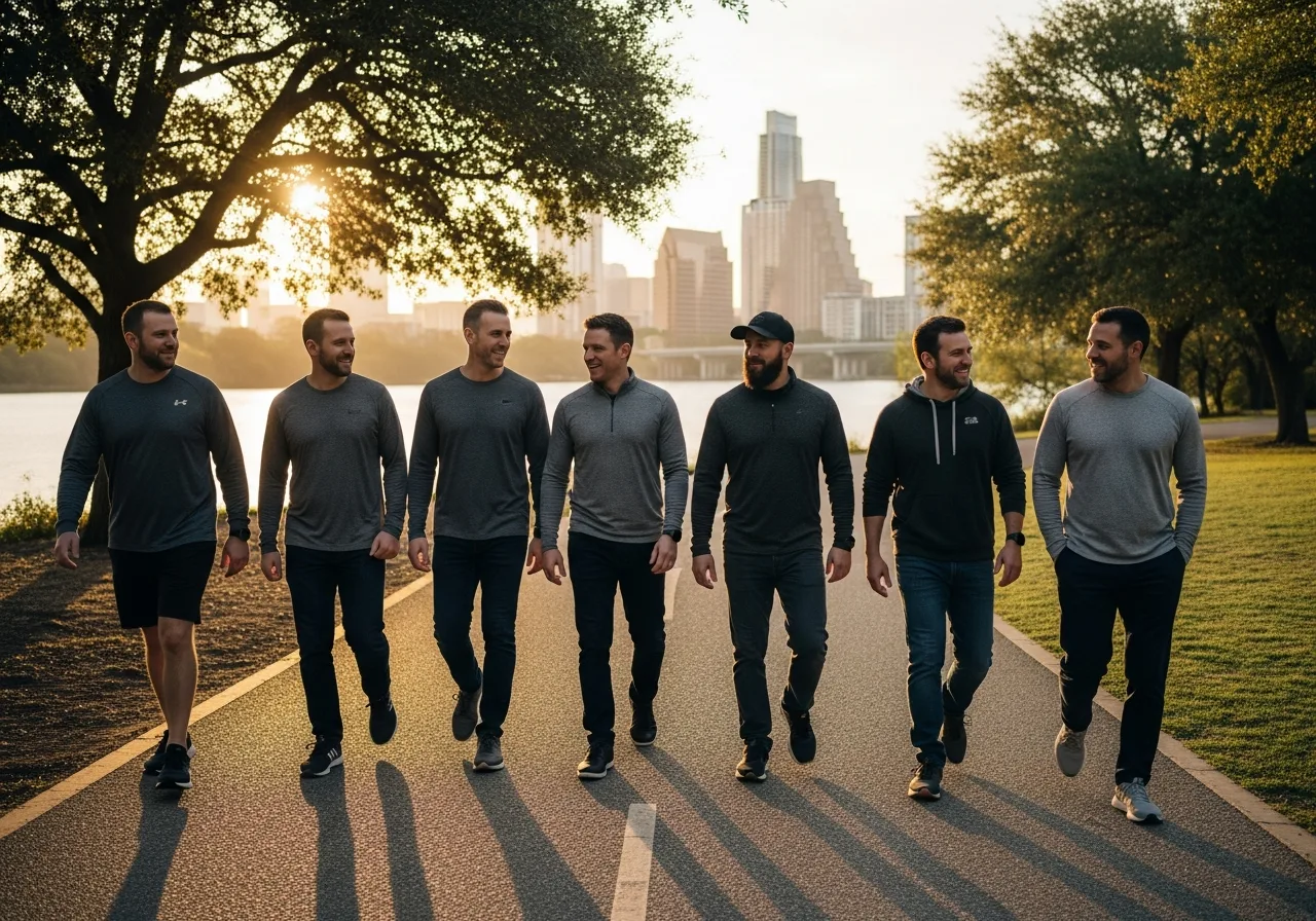 A group of Austin men walking together along the Lady Bird Lake trail at sunrise